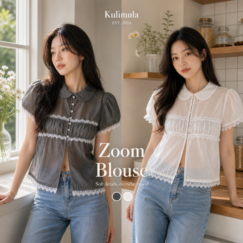 Kulimula - Zoom Blouse เสื้อแขนพองสีขาวครีม ผ้าคอตตอน ดีเทลคอปกกลมแต่งระบาย เพิ่มความหวานแบบคุณหนู
