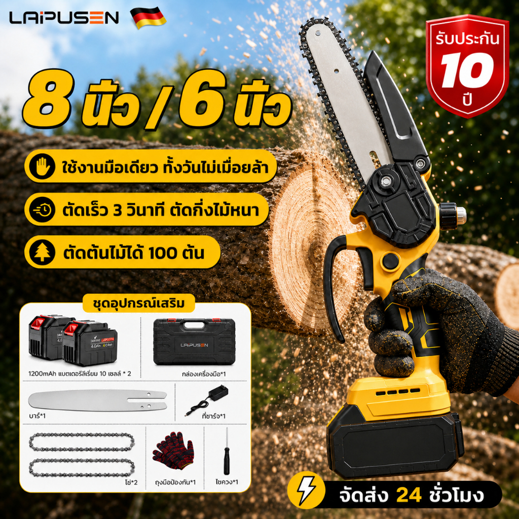 🔥ทนทาน 15ปี🔥เลื่อยไฟฟ้า เลื่อยไฟฟ้าไร้สาย 6/8 นิ้ว 499V เลื่อยโซ่ไร้สาย 9000W มอเตอร์ไร้แปรงเยอรมนี เลื่อยโซ่เลื่อยไฟฟ้า