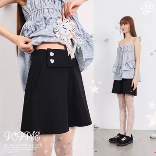 Poppie_SP125 กางเกงขาสั้นเอวสูง ซิปหลัง ป้ายข้าง กระดุมหัวใจ ใส่สบายสไตล์เกาหลี