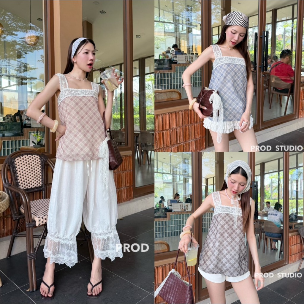 เสื้อสายเดี่ยวลายตาราง เสื้อกล้ามตารางสายเป็นผ้าลูกไม้ งานน่ารักแต่งลูกไม้ เกาหลีสุดๆ PROD (P025)