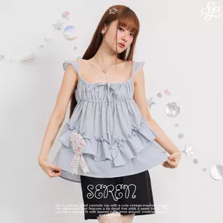 Seren_SP129 เสื้อสายเดี่ยวลายสก็อต แต่งระบาย ผูกโบว์อก โลโก้เหล็กสุดปัง สไตล์เกาหลี