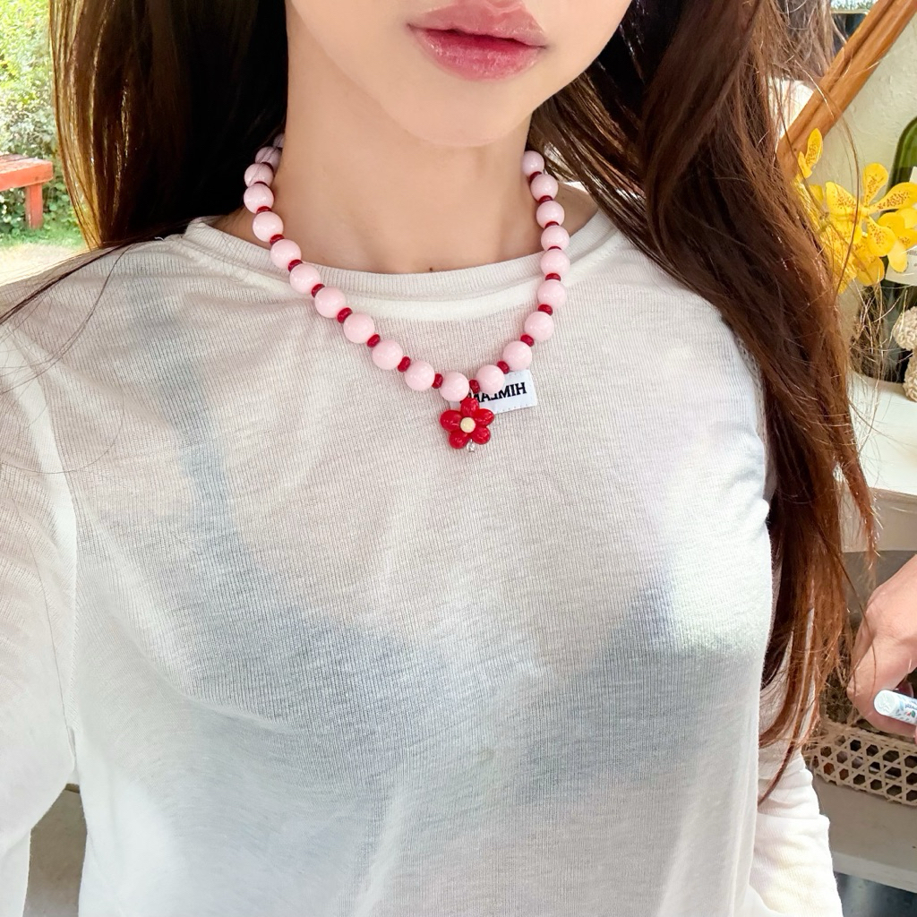 สร้อยคอลูกปัดดอกไม้ งานแฮนด์เมด ขนาด12มิล มี3สี พร้อมส่ง🌸🍎🫐🧁