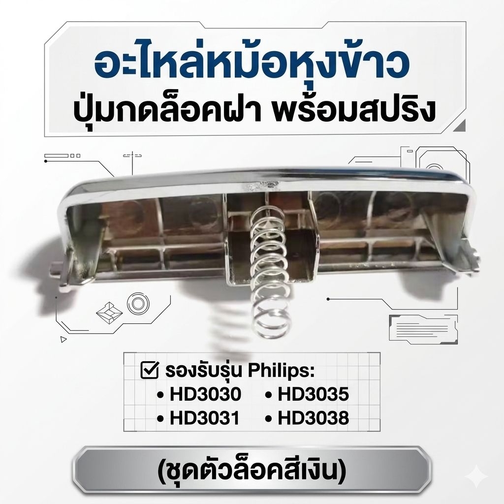 อะไหล่หม้อหุงข้าว ปุ่มกดล็อคฝา พร้อมสปริง สำหรับ Philips รุ่น HD3030, HD3031, HD3035, HD3038 (ชุดตัว