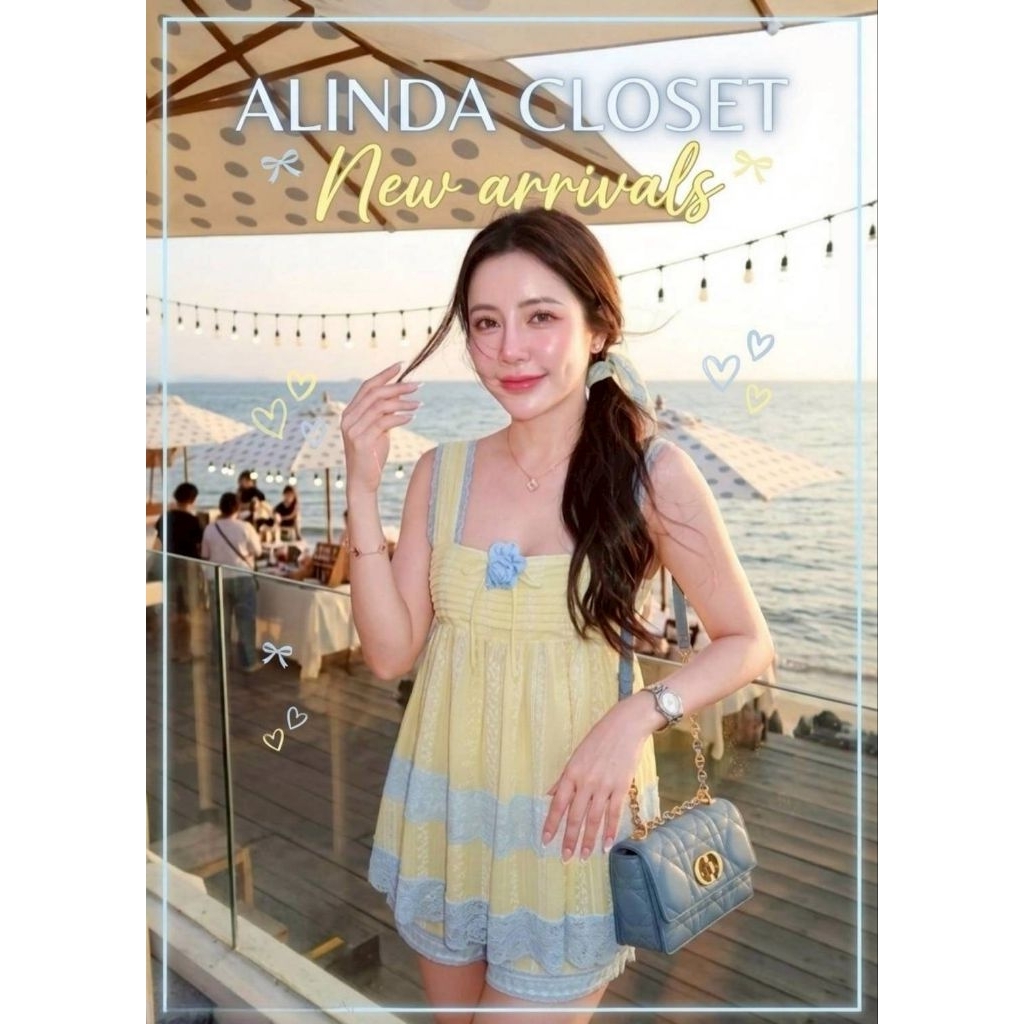 𝘼𝙇𝙄𝙉𝘿𝘼 𝘾𝙇𝙊𝙎𝙀𝙏 ᯓ ★ ชุดเซ็ตเสื้อสายเดี่ยวมินิเดรสผ้าลูกไม้เนื้อนุ่ม สีทูโทนเหลือง&ฟ้า+กางเกงขาสั้น