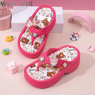 ✨พร้อมส่ง! WALK WELLฤดูร้อนสาว Flip Flop การ์ตูนหมีน้อยน่ารักรูปแบบดาวโซ่ตกแต่งวัสดุ EVA น้ำหนักเบาลื่นเล่นน้ำทนทาน
