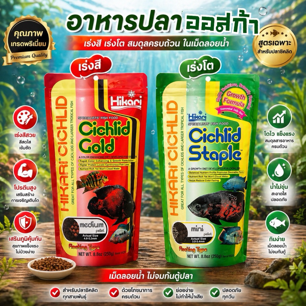 Hikari cichlid อาหารปลาหมอมาลาวี ปลาออสก้า เม็ดลอยน้ำ สูตรเร่งสี เร่งโต ขนาด 250 กรัม