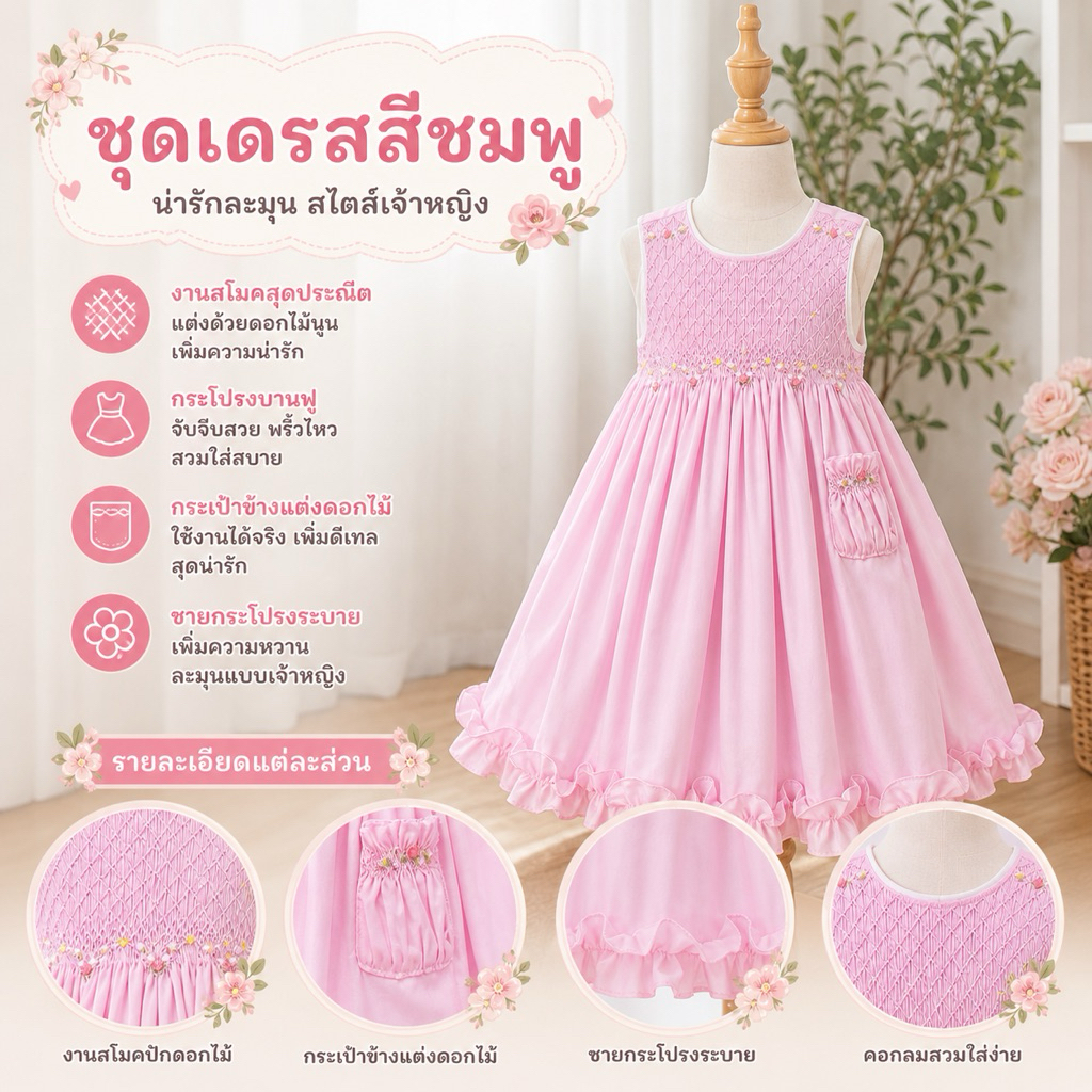 🇹🇭พร้อมส่งในไทย🇹🇭 E-6,7 เดรสสม็อคอกแขนกุด จากแบรนด์ “Princess Garden” made in Vietnam 🇻🇳