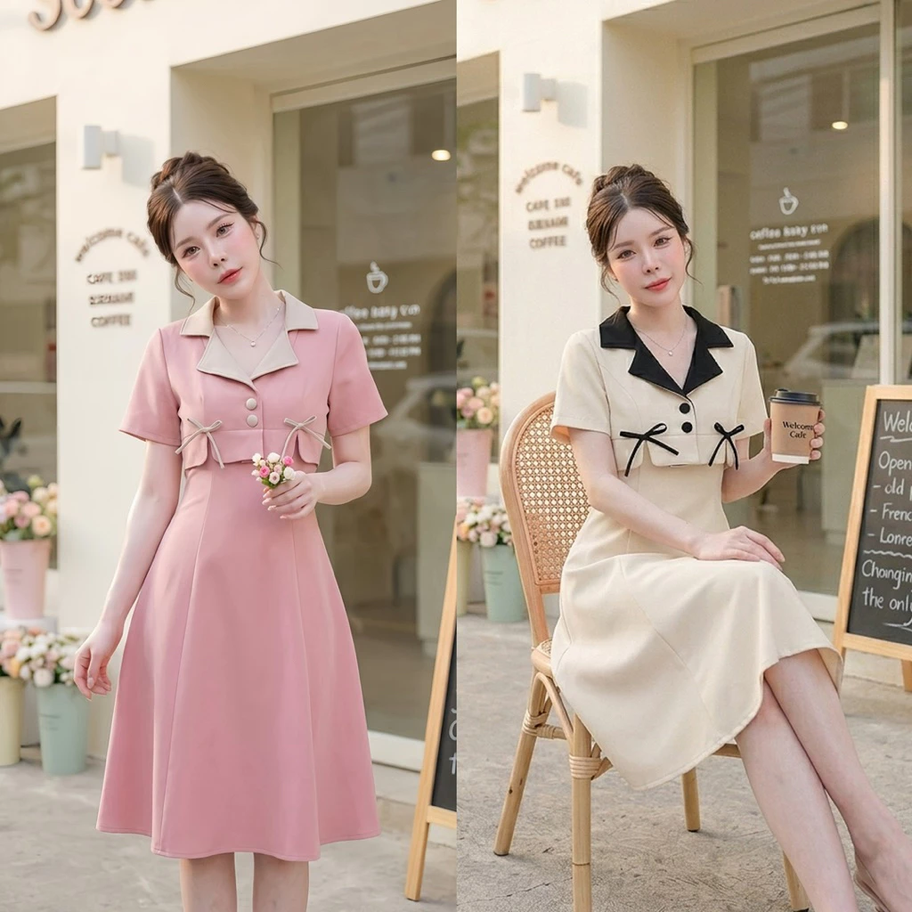 D72 เดรสปกทูโทนแต่งโบว์กระโปรงยาว มีไซส์ S-3XL ความยาว 39-40 นิ้ว