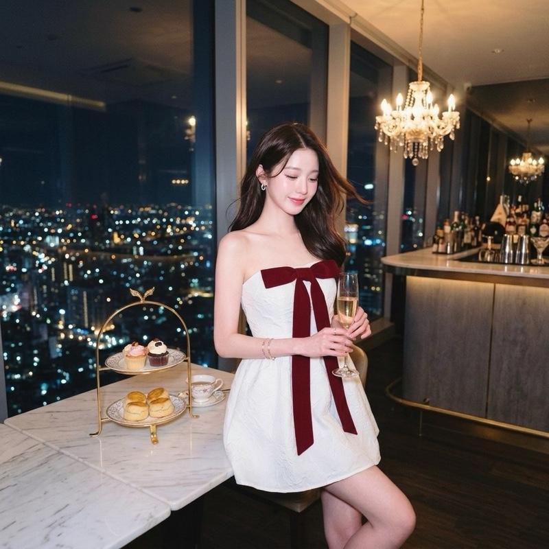 [LISA] A1193 ชุดเดรสกระโปรงเกาะอกแต่งโบว์กำมะหยี่ผ้าลายดอกไม้ สวยหรูผู้ดีลุคคุณ ใส่ออกงาน ดินเนอร์