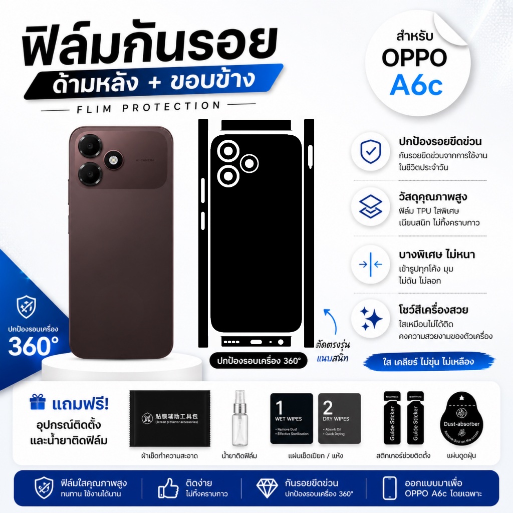 ฟิล์มกันรอยด้านหลังและขอบข้าง Oppo A6c | ตัดตรงรุ่น ครอบคลุมรอบเครื่อง ปกป้องเต็มขั้น