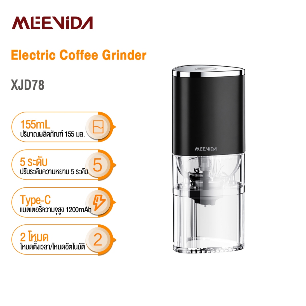 Meevida เครื่องบดกาแฟไฟฟ้า Electric Coffee Grinder 155mL เครื่องบดเมล็ดกาแฟ ที่บดปรับได้ 5 ระดับ