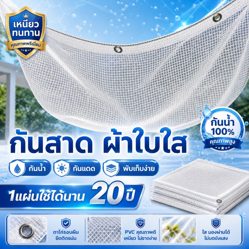 ผ้าใบใสกันฝน พลาสติกใส หนาพิเศษ ทนทาน 20 ปี กันแดด กันลม มีตาไก่รอบด้าน ขอบหนาไม่กรอบง่าย เกรดพรีเมียม ส่งจากไทย