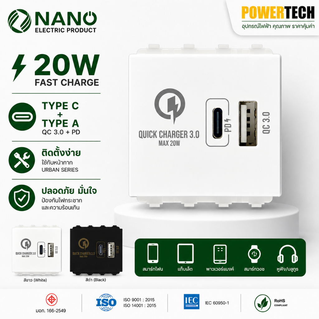 ต้ารับชาร์จเร็ว3.0และ พีดี 20วัตต์ USB Type A+Type C สีดำ (1 ชิ้น) NN-USB3 NANO