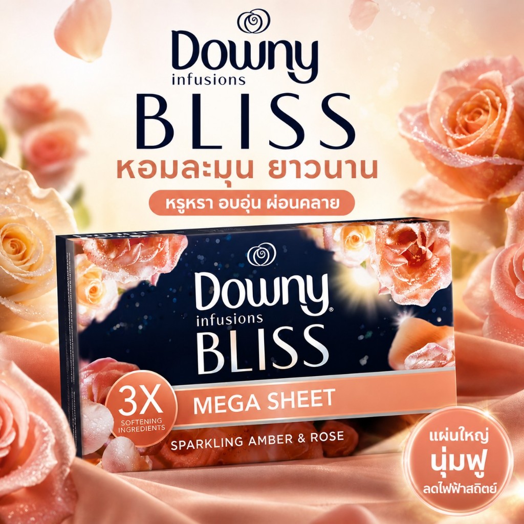 Downy Infusions Mega Dryer Sheets,Laundry Fabric Softener แผ่นอบผ้าหอม กลิ่น BLISS, Amber & Rose