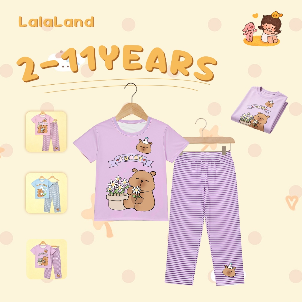 2-12 ปี ชุดสองชิ้น เสื้อยืดคอกลม กางเกงลายทาง พิมพ์ลายการ์ตูน ผ้านิ่มใส่สบาย สไตล์เกาหลี ทรงหลวมลํา ชุดนอน