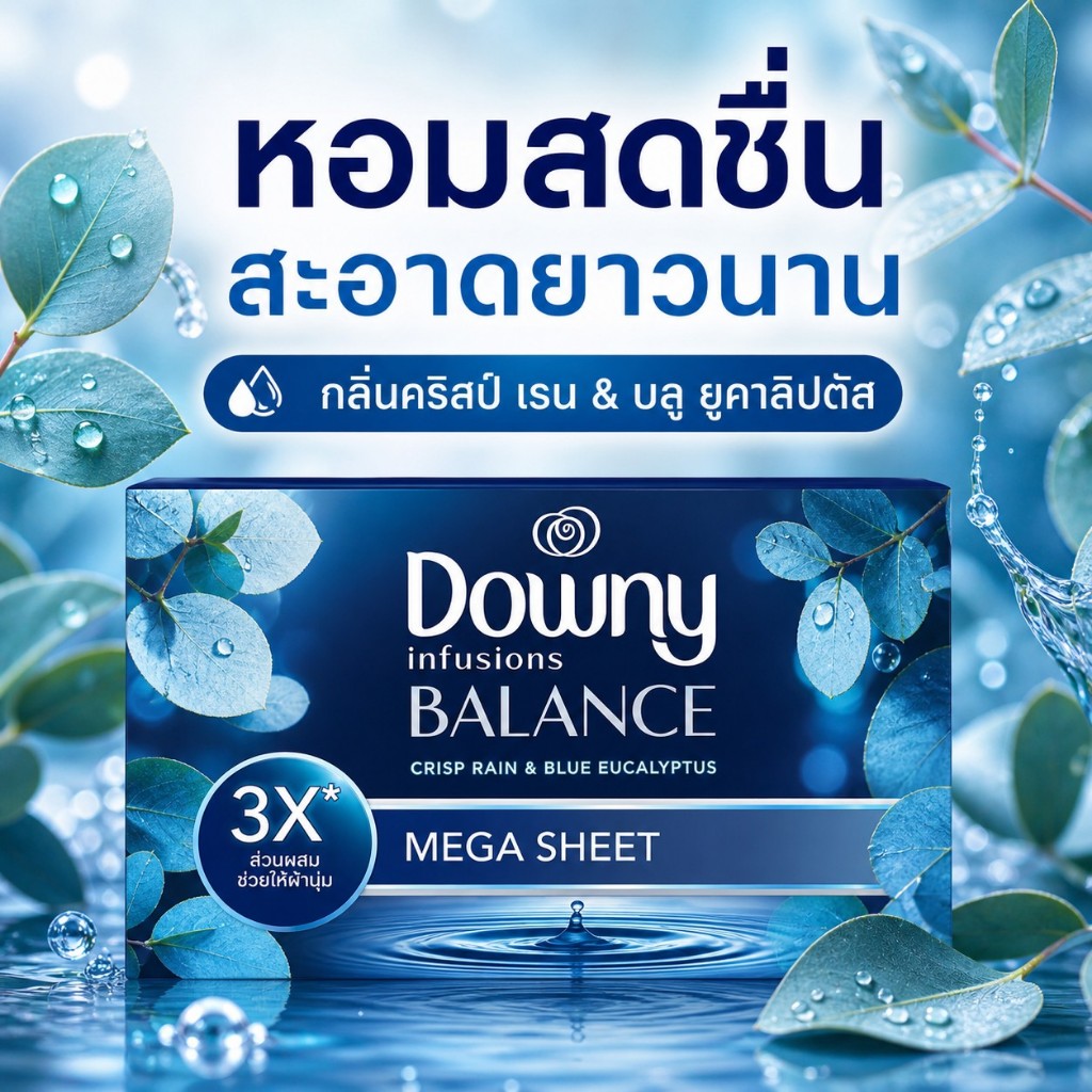 Downy Infusions Mega Dryer Sheets แผ่นอบผ้าหอม กลิ่น Crisp Rain & Blue Eucalyptus ลดรอยยับ หอมนาน