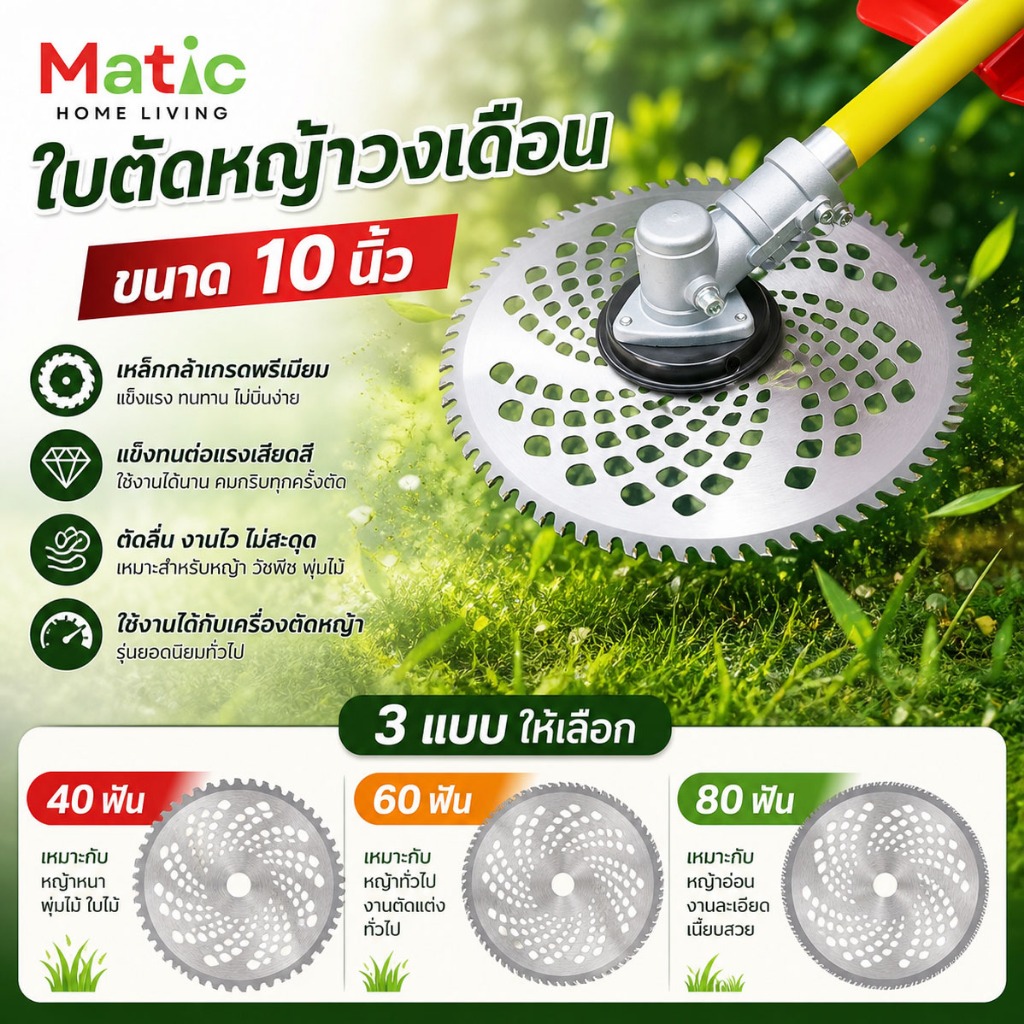 ใบตัดหญ้า**วงเดือน 10 นิ้ว ฟันคม แข็งแรงทนทาน 40/60/80 ฟัน ใช้กับเครื่องตัดหญ้า AG27