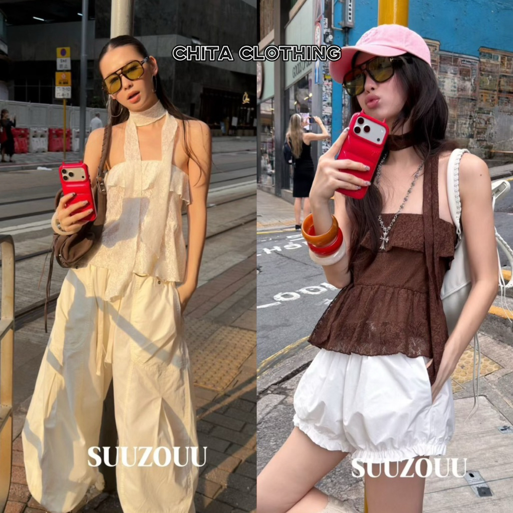 #SU225🇰🇷เกาะอกผ้าลูกไม้ แต่งชายระบาย มาพร้อมผ้าพันคอ งานสวยเก๋ ลายลูกไม้สวยมากๆๆ Tag MMfish🇰🇷