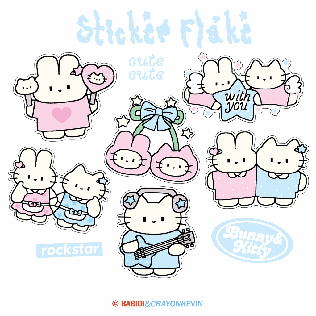 (Sticker Flake) Bunny & Kitty  pink and blue club สติกเกอร์ไดคัทแยกชิ้น แบบใสพิมพ์ทึบ