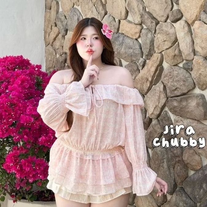 Mini dress (ฟรีไซต์ 40-52นิ้ว) มินิเดรสเปิดไหล่ จั๊มเอว อกรูดปรับระดับได้ เสื้อสาวอวบ [JR]