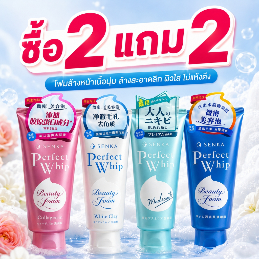 ซื้อ 2 แถม 2! ผลิตภัณฑ์ทำความสะอาดผิวหน้าอเนกประสงค์ เนื้อโฟมละเอียด ช่วยให้ผิวชุ่มชื้น เนียนนุ่ม อ่อนโยน ไม่ระคายเคือง