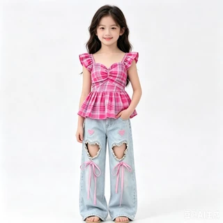 MC274 ชุดเด็กหญิงสไตล์เกาหลี เสื้อสก็อตหวานๆ พร้อมกางเกงยีนส์ขายาว