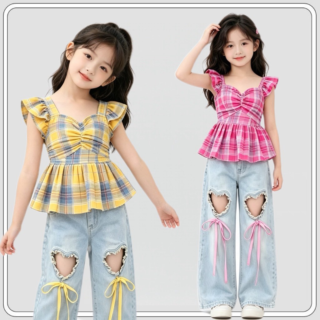 MC274 ชุดเด็กหญิงสไตล์เกาหลี เสื้อสก็อตหวานๆ พร้อมกางเกงยีนส์ขายาว