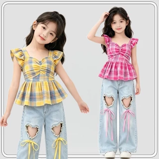 MC274 ชุดเด็กหญิงสไตล์เกาหลี เสื้อสก็อตหวานๆ พร้อมกางเกงยีนส์ขายาว