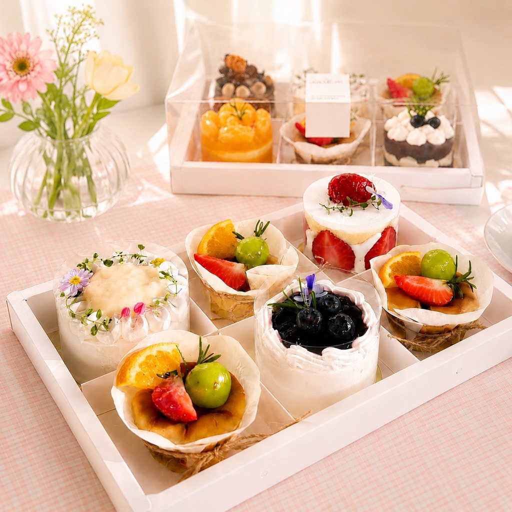 กล่องเค้กจัดเซ็ตฝาใสทรงสูงพร้อมเชือกหิ้ว 4 ช่อง , 6 ช่อง