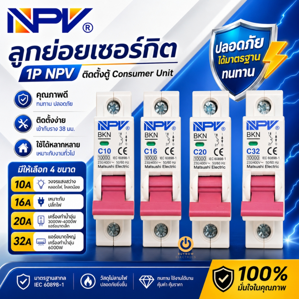 เบรกเกอร์ NPV 1P ลูกย่อยเซอร์กิต 10A 16A 20A 32A สำหรับตู้ไฟ Consumer Unit ตัดไฟอัตโนมัติ ปลอดภัย ใช้งานทน