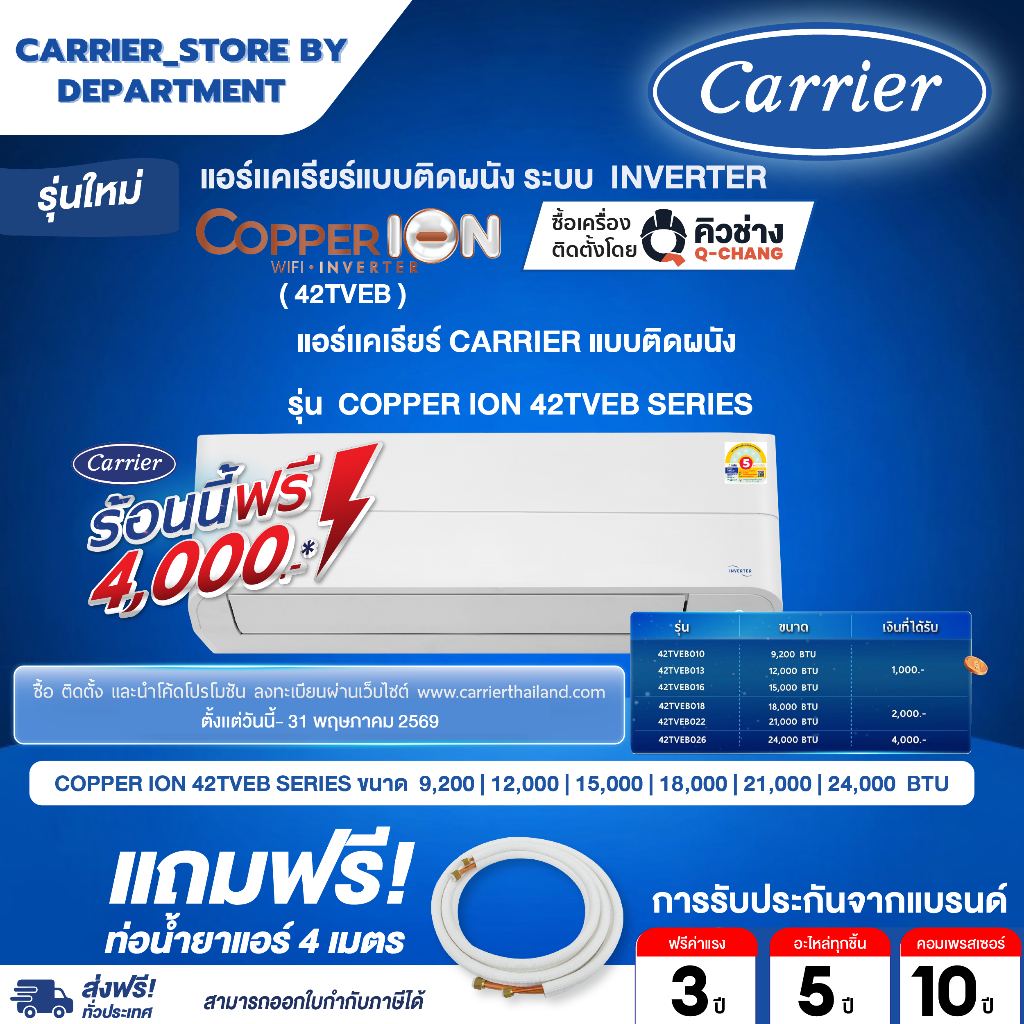แอร์ CARRIER แคเรียร์ ติดผนัง อินเวอร์เตอร์ รุ่นใหม่ COPPER ION + แถมท่อน้ำยาแอร์ 4 เมตร DYNAMIC FLASH SALE