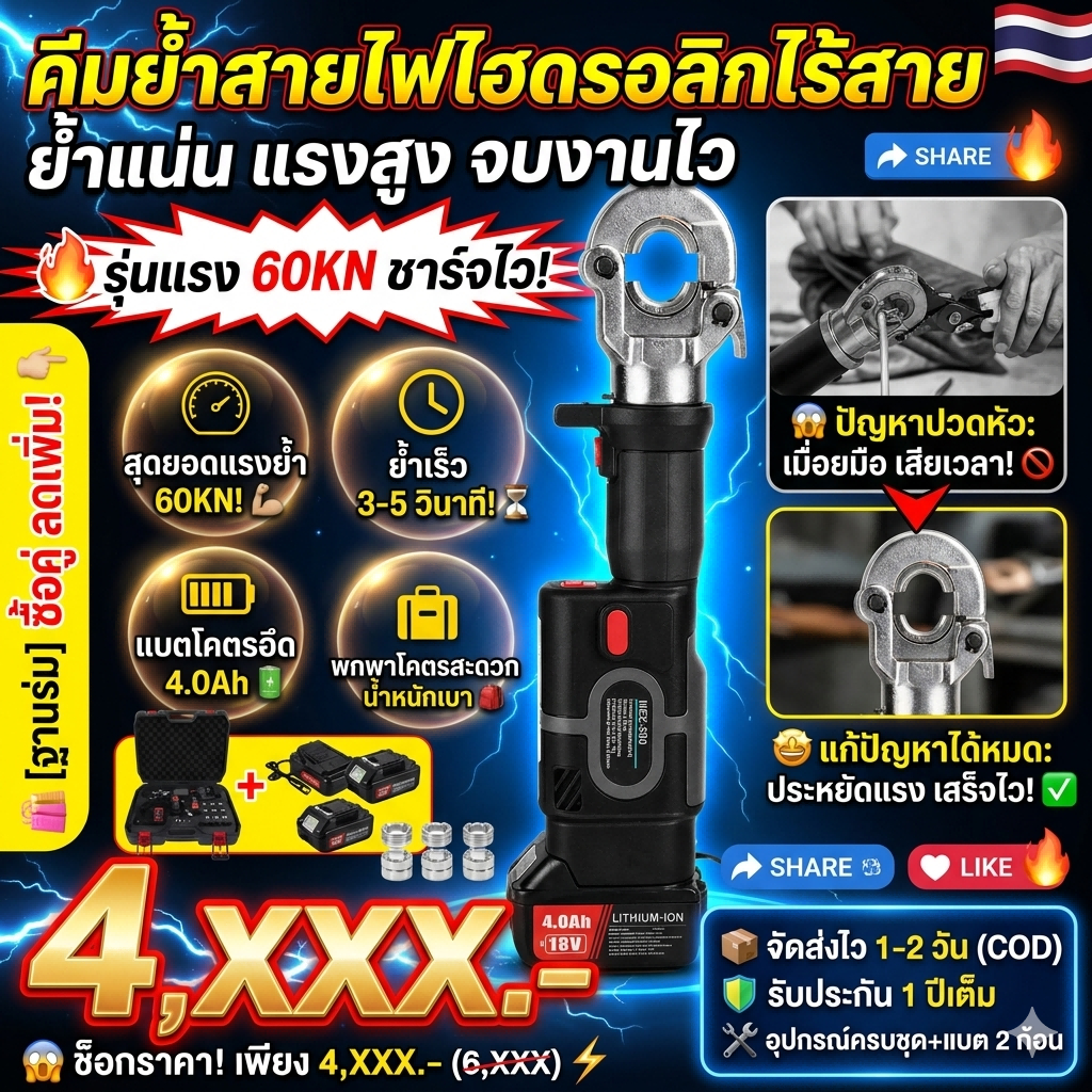 🔥【ES-300 รุ่นจอ Digital】คีมย้ำสายไฮดรอลิกไร้สาย แบตลิเธียม ย้ำแน่น แรงอัดสูง พกพาเล็ก ใช้งานมือเดียว ในสต็อก