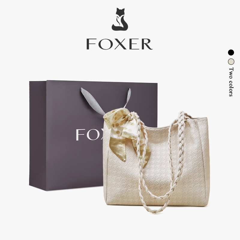 FOXER กระเป๋าสะพายสุภาพสตรีถักเปีย ถุงใต้วงแขนขนาดใหญ่ ที่จับถัก ร้อยในชีวิตประจำวัน มีสีดำ/ขาวสองสี