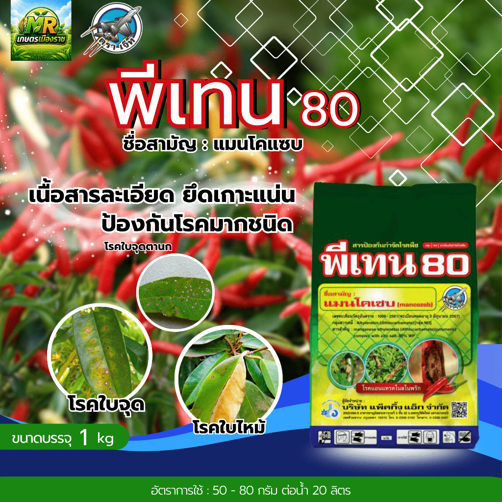 พีเทน80 (แมนโคเซบ 80%) เนื้อดีละลายง่าย สูตรเย็น ละลายง่าย 1kg #เกษตรเมืองราช