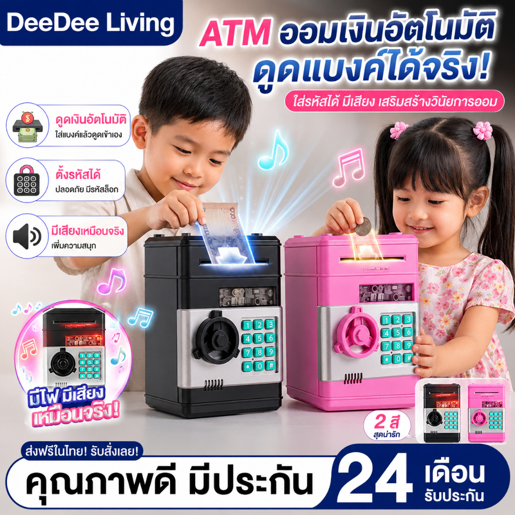 DeeDee กระปุกออมสิน ATM ตู้เซฟย่อขนาด ดูดแบงค์และหยอดเหรียญได้ มีรหัสผ่านและเสียงดนตรี หลายสีให้เลือก เปลี่ยนรหัสได้