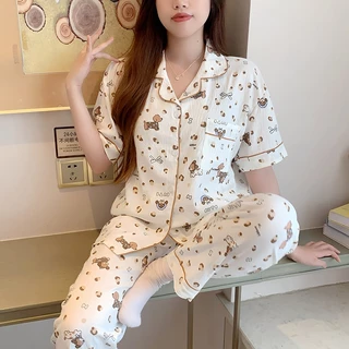 ชุดนอนสไตล์เกาหลี ผ้าไหมญี่ปุ่นนุ่มใส่สบาย แขนสั้น ขายาว บิ๊กไซส์ L-4XL ส่งไว