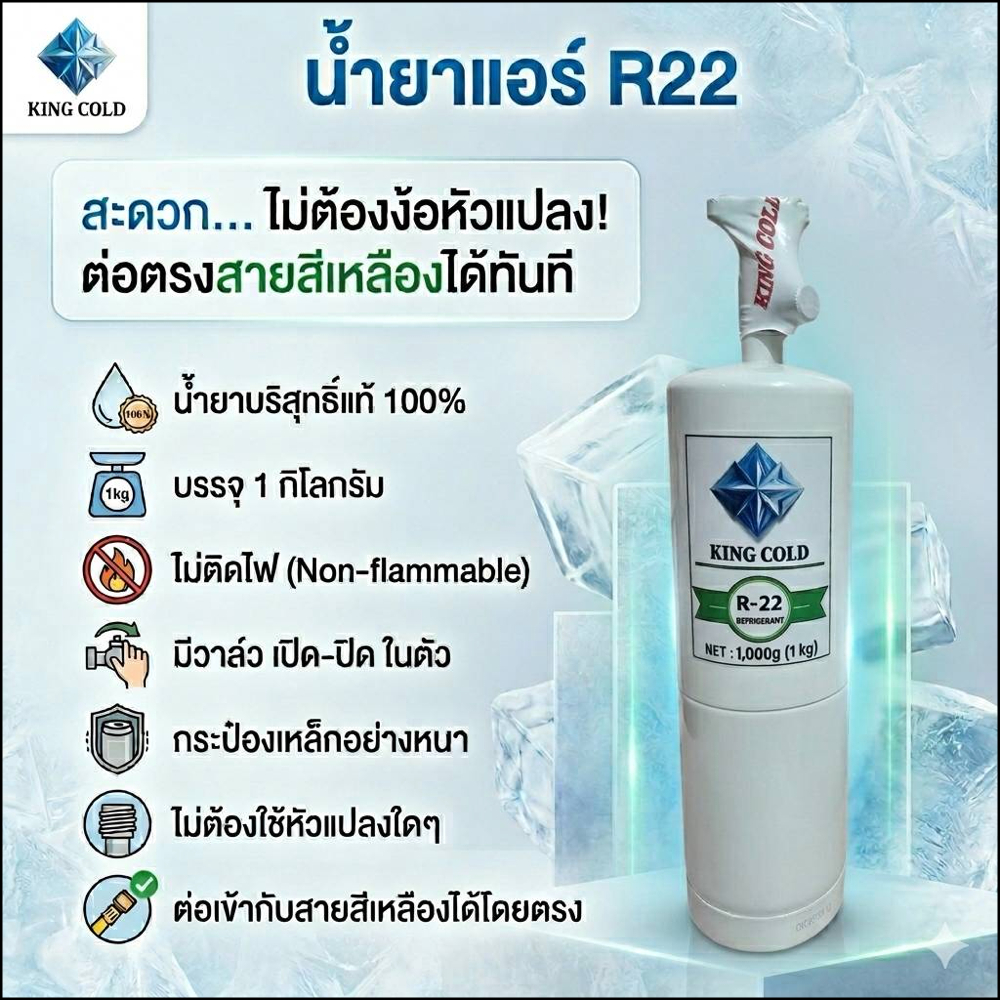 น้ำยาแอร์บ้านR22 บรรจุเนื้อน้ำยา 1kg น้ำยาคุณภาพดี ไม่ติดไฟ100% กระป๋องเหล็กหนา มีวาล์ว เปิด ปิด