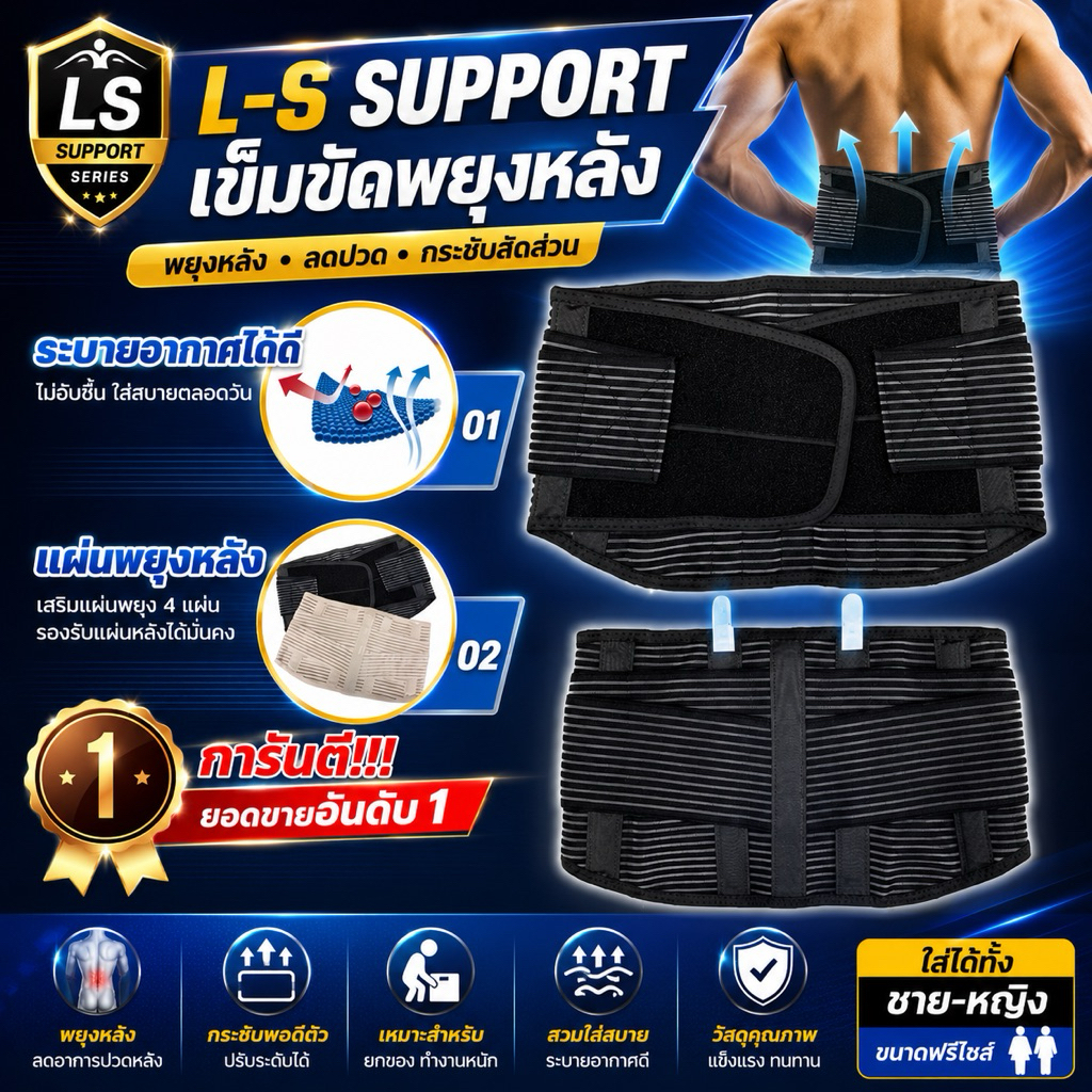 เข็มขัดพยุงหลัง แก้อาการปวดหลัง  ปวดเอวเรื้อรัง แผ่นระบายอากาศได้ดี ไม่ผสมผ้า สินค้างานไทย 🇹🇭 Ls support สีดำ