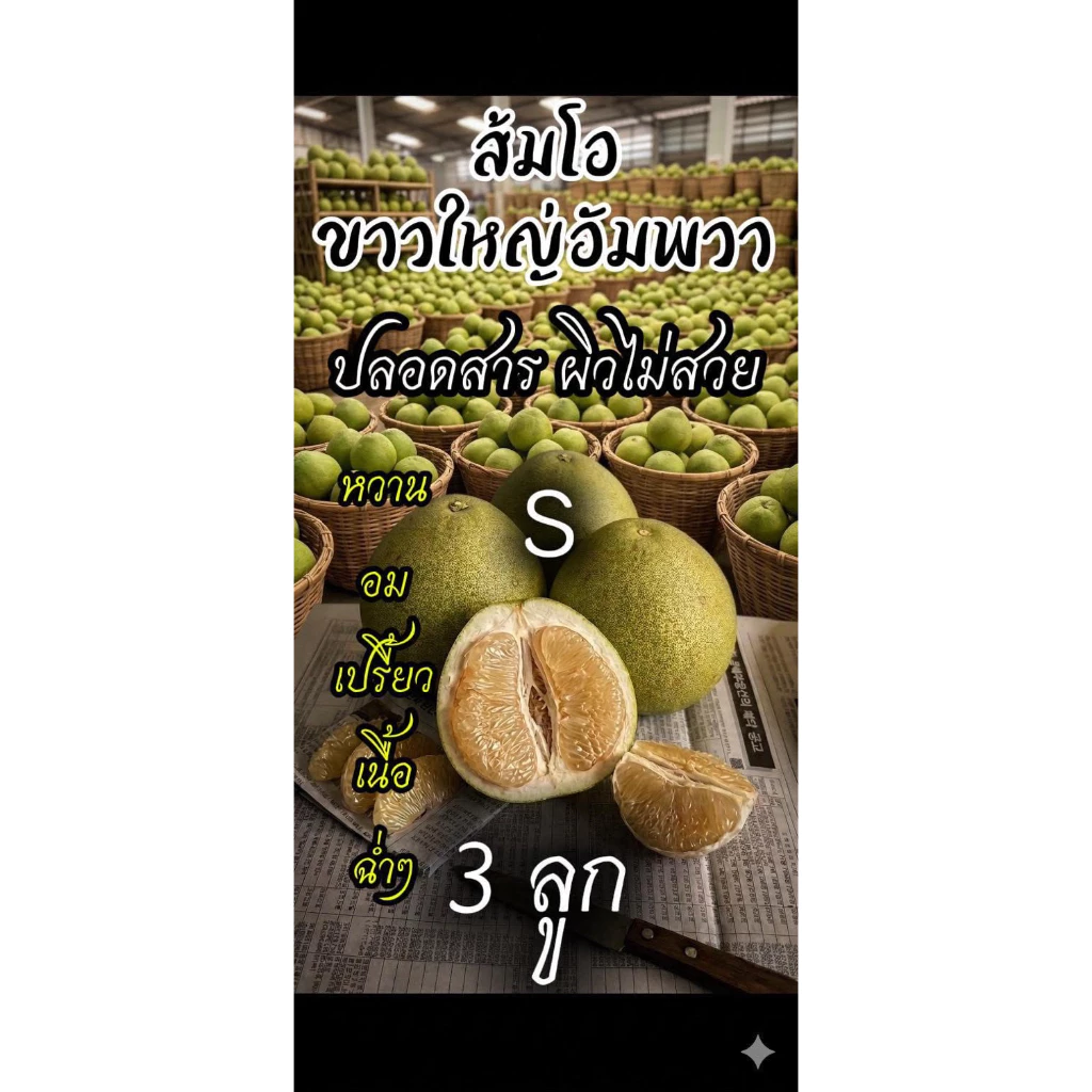 S3 ส้มโอขาวใหญ่อัมพวา S3ลูก ผิวไม่สวย น้ำหนักรวม 3ลูก ไม่ต่ำกว่า 2 กิโลกรัม