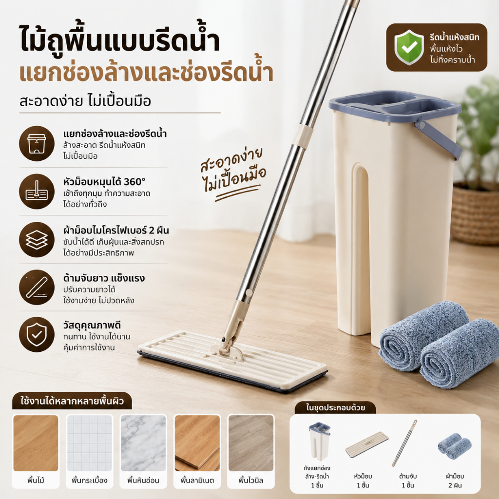HHsociety ไม้ถูพื้นรีดน้ำ ไม้ม๊อบพร้อมถังรีดน้ำ ซักน้ำและรีดน้ำ ไม้ถูพื้น  ไม้ถูพื้นรัดน้ำ CW-01