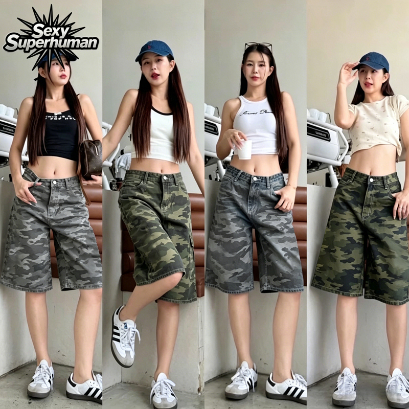 กางเกงยีนส์ผู้หญิงขาสั้น 5ส่วน ลาย Camouflage พรีเมียม ผ้าไม่ยืด ใส่ได้2สไตล์ (เอวสูง/เอวต่ำ) ส่งฟรี