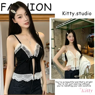 Kitty พร้อมส่ง🌸 ขอบลูกไม้ เว้าหน้าอกเปิดหลัง เสื้อเซ็กซี่ผู้หญิง เสื้อเกาะอกผู้หญิง เสื้อสายเดี่ยวบาง สุดเซ็กซี่