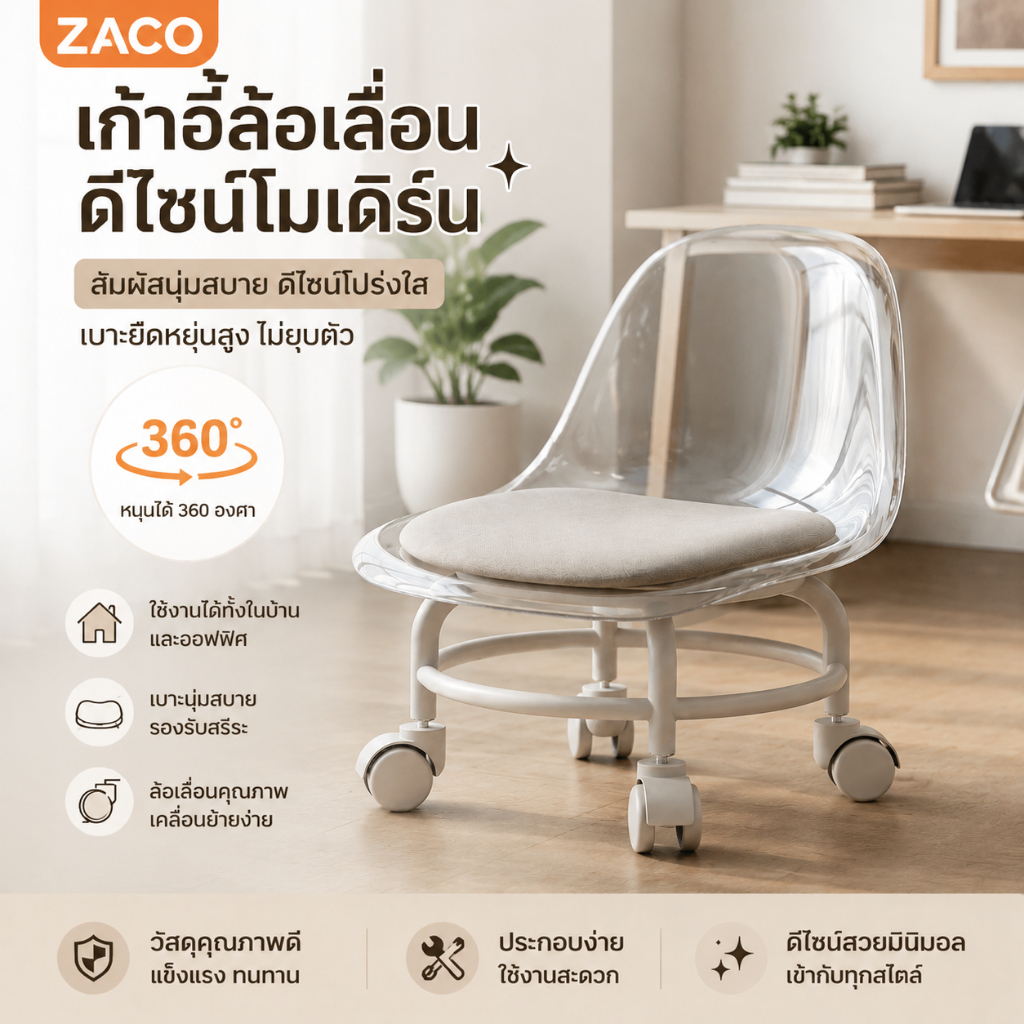ZACO เก้าอี้ล้อเลื่อนใส 360° หมุนได้ นั่งสบาย ดีไซน์โมเดิร์น สำหรับบ้านและออฟฟิศ