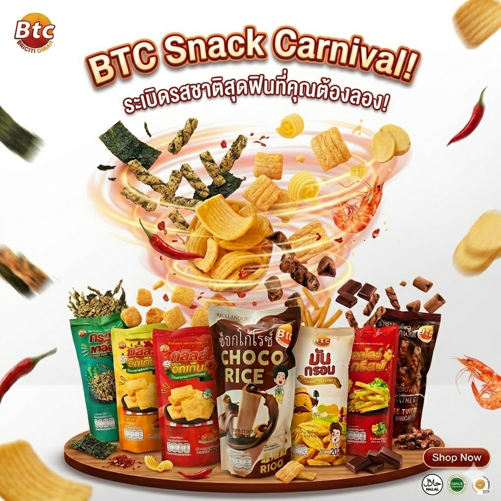 BTC ขนมพอง ขนมขบเคี้ยวทอดกรอบ มี 7 รสชาติหลากหลาย รสช็อกโกแลต รสสาหร่าย รสเผ็ด รสปิ้งย่าง รสชีส รสออริจินอล รสมะเขือเทศ