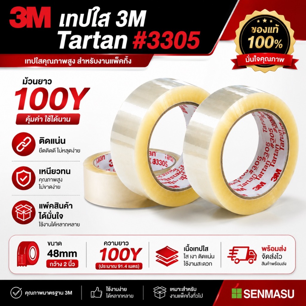 Tartan #3305 3M เทปใส 2นิ้ว 48mm x 100y เทปปิดกล่อง เหนียว คุณภาพสูง