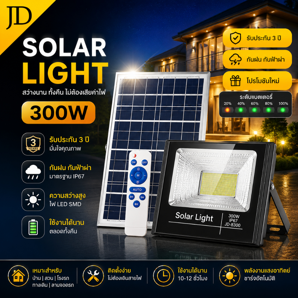 JD【กำลังไฟที่แท้จริง】300W ไฟโซล่าเซล IP67 ไฟสปอร์ตไลท์ Solar Light LED แสงขาว สปอร์ตไลท์ led ไฟถนน