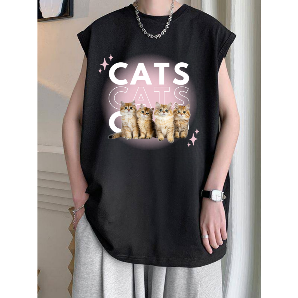 เสื้อแขนกุด สกรีนลายแมว4ตัว น่ารักๆ ทรงเสื้อใส่ได้ทั้งชายหญิง OP-1168