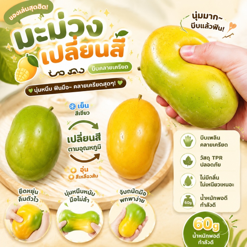 ของเล่นบีบคลายเครียด สกุชชี่ ฟื้นตัวช้า นุ่มเด้ง ของเล่นบีบมือ ลดความวิตก พกพาง่าย รูปผลไม้