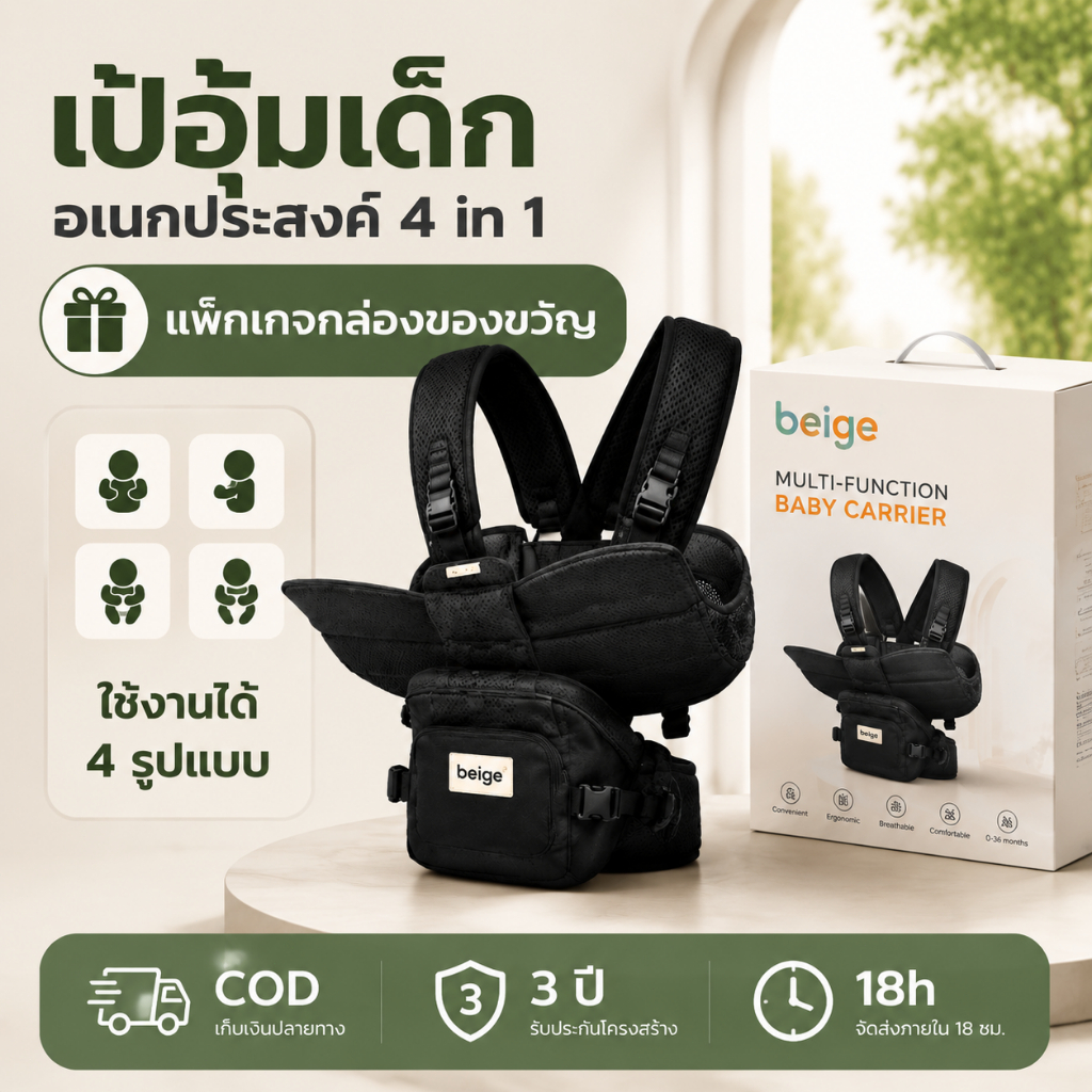 Beige เป้อุ้มเด็ก 5in1 บรรจุภัณฑ์ของขวัญ ผ้าโพลีเอสเตอร์ เหมาะสําหรับช่วง 0-18 เดือน ของขวัญ
