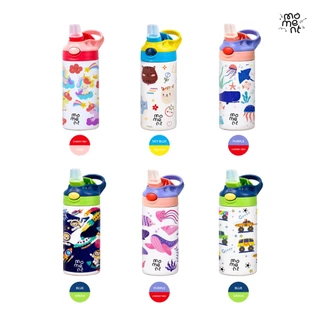 (แถมสายคล้อง) แก้วน้ำเด็ก กระบอกน้ำ 350ml สแตนเลส ฝากดหลอดเด้งในตัว พกพาสะดวก รุ่น Little Kid Friends Moment